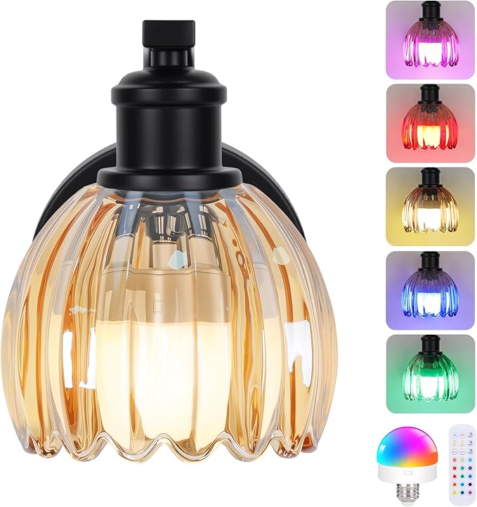 VerRon Rechargeable Battery Operated Wall Sconce with Amber Glass Lampshade, Wireless Wall Scone Decor with Remote Control, 15 Colors Black Wall Light for Bedside Hallway Bedroom Doorway