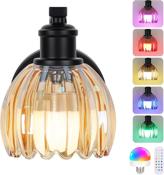 VerRon Rechargeable Battery Operated Wall Sconce with Amber Glass Lampshade, Wireless Wall Scone Decor with Remote Control, 15 Colors Black Wall Light for Bedside Hallway Bedroom Doorway
