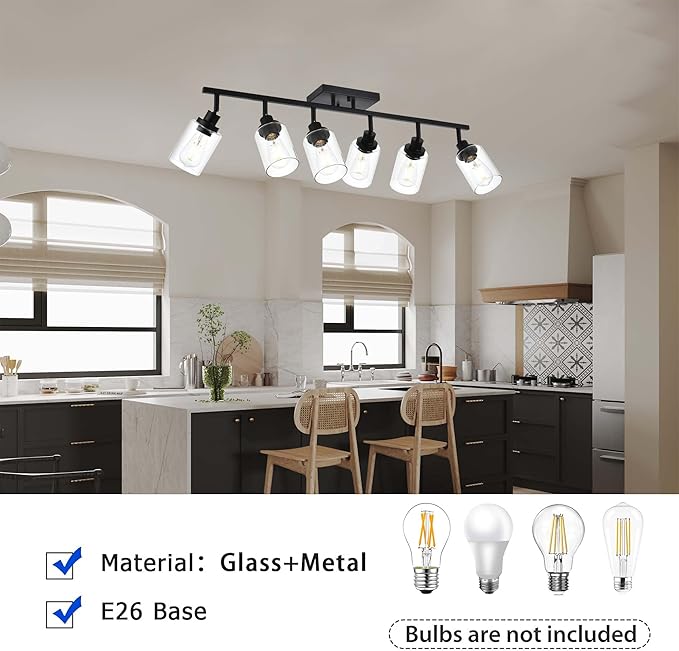 6-Light Track Lighting Kit Black Track Lighting Fixtures Bathroom Wall Sconces Ceiling Mount Kitchen Tracking Lights, Rotatable Spotlight with Clear Glass Shade for Kitchen Shop Hallway