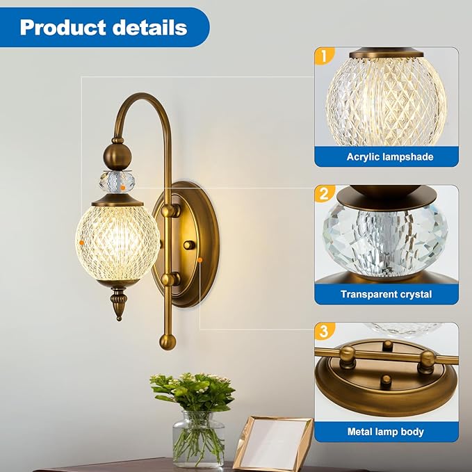 Vintage Gold Wall Sconce with Acrylic Globe Shade Brushed Brass G9 Bulb Vanity Light Indoor Wall Light for Bathroom Bedroom Hallway Living Room