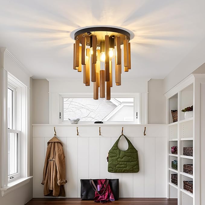 Motion Sensor Semi Flush Mount Ceiling Lights Boho Wood Light Fixture 3-Light Farmhouse Chandelier Oak and Black Ceiling Lighting with E26 for Kitchen Living Room Entryway Bedroom Dining Room