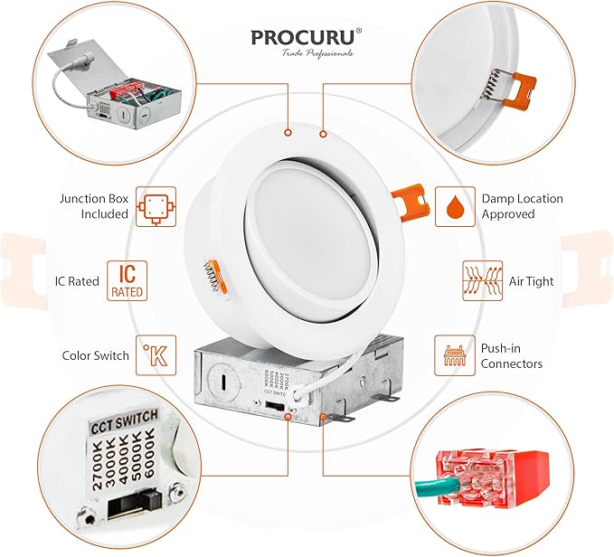 PROCURU [24-Pack] 4-Inch Gimbal Air-Tight LED 2700K-6000K 5CCT Color Selectable, Adjustable, Rotate & Swivel Ultra-Thin Recessed Ceiling Heavy Duty Downlight, Dimmable, IC Rated (VGB45W-24P)