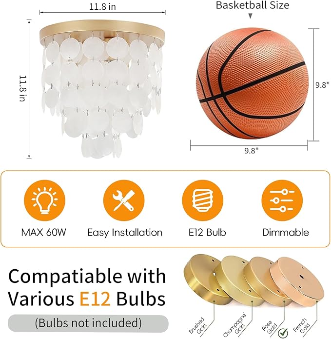 11.8" Capiz Shell Ceiling Light Fixtures, 3 Light Boho Shells Flush Mount Ceiling Light for Bedroom, Hallway, Entryway, Bathroom, Brushed Brass