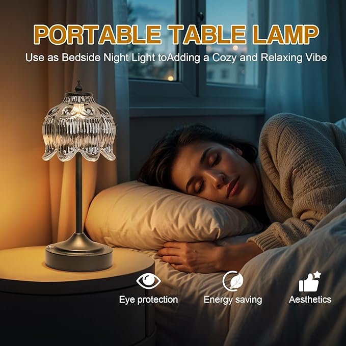 Cordless Lotus Flower Table Lamp, 5200mAh Rechargeable Battery Operated Portable Lamp, 3-Color Dimmable Touch Control Small Desk Lamp for Bedroom, Office, Kitchen, Nightstand,Room Decor(Black)