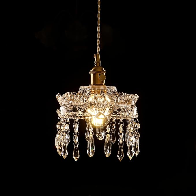Vintage Mini Crystal Chandelier Brass Fixture with Clear Crystal Drops – Elegant Small Pendant Lighting for Bedroom, Bathroom, Hallway, Kitchen Island, Entryway, Vanity (1-Pack,Hard-Wired)