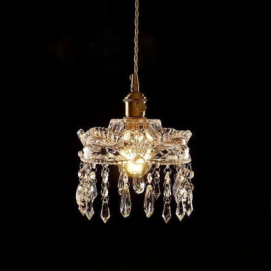 Vintage Mini Crystal Chandelier Brass Fixture with Clear Crystal Drops – Elegant Small Pendant Lighting for Bedroom, Bathroom, Hallway, Kitchen Island, Entryway, Vanity (1-Pack,Hard-Wired)