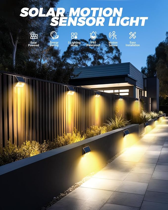 vighep 12 Pack Solar Motion Lights for Outside, Waterproof Fence Lights Outdoor, Warm White LED Wall Lights Wireless for Yard Steps Stairs Garden - Brown