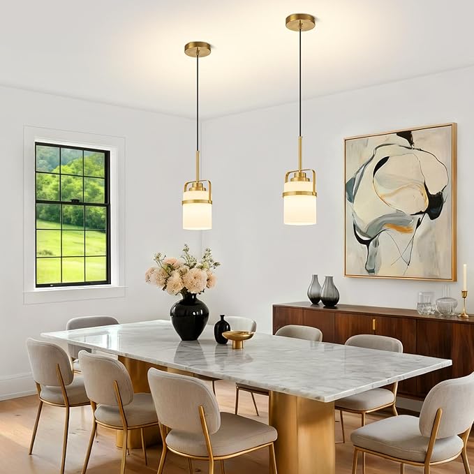 Modern Brass Pendant Lights Kitchen Island Light, Adjustable Hanging Light Fixture with Milk Glass Shade, Farmhouse Pendant Light for Dining Room Bar Over Sink/Table/Counter, 1 Pack