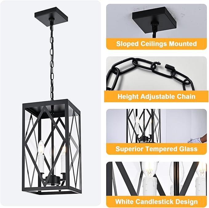 3 Lights Outdoor Pendant Light for Porch, Black & White Exterior Hanging Light Fixture with Clear Glass, Industrial Metal Cage Outside Chandelier Pendant for Porch Entryway Front Door Doorway