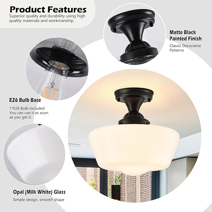 Schoolhouse Light Fixture, 12'' Mid Century, Milk Glass, Semi Flush Mount Ceiling Light for Bedroom Kitchen, Black, Incl. LED Bulb