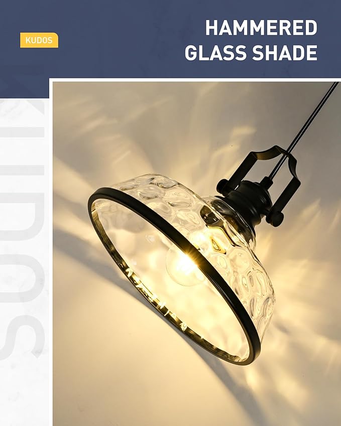 kudos 2 Pack Pendant Lights Kitchen Island, 11" Black Kitchen Island Lighting with Clear Hammered Glass Shade, Farmhouse Large Hanging Light Fixture for Kitchen Sink Dining Room, KDPL13-BK-H-2PK