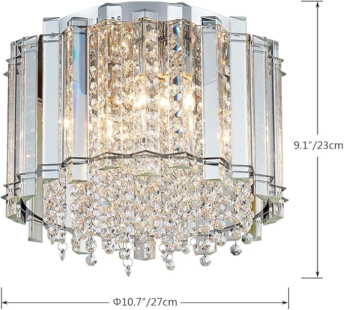 AGV LIGHTING CL026 K9 Crystal Ceiling Light Fixture, Flush Mount, Modern Design, D11 x H9.5, 4 x E12 Lights, Perfect for Living Room, Chrome Finish