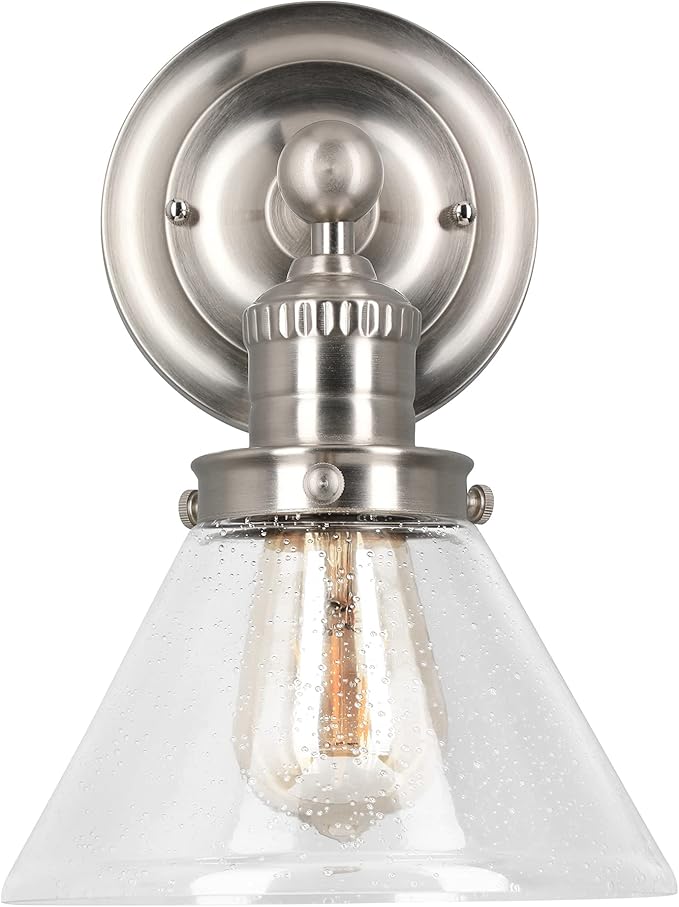 Design House Augustin Wall Sconce, 1-Light, Seeded Glass Warm Glow, Dimmable, Up/Down Glow, Easy Installation, E26 Socket, Satin Nickel, 7.9 in L x 8.5 in D x 11.1 in H, 589028-SN