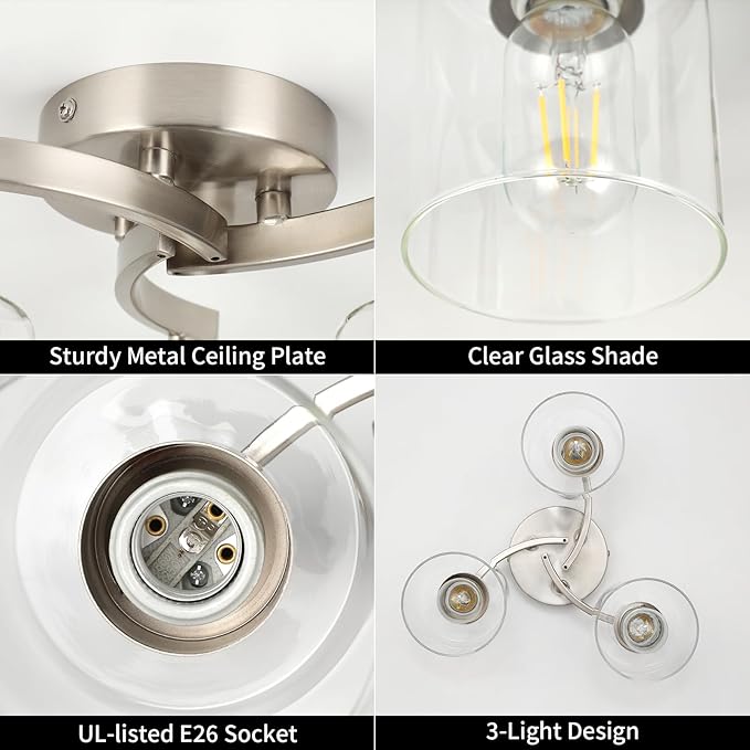 WILON Semi Flush Mount Ceiling Light Fixture, 3-Light Brushed Nickel Light Fixture with Clear Glass Shade, Modern Chandelier Small Ceiling Lamp for Kitchen Hallway Entry Way Bedroom Foyer Dining Room
