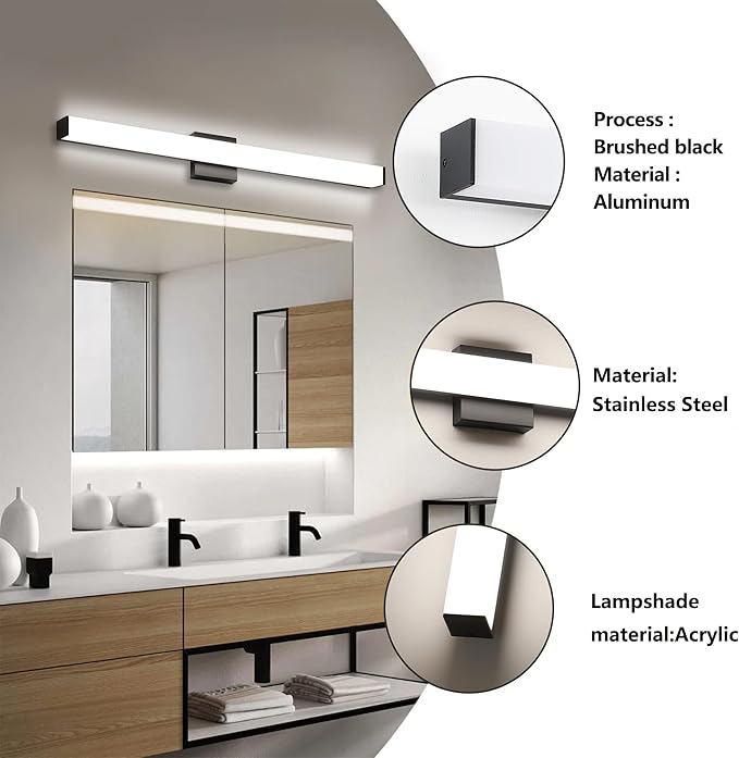 LED Bathroom Vanity Light Fixtures 31.5in Matte Black,Dimmable 24W 4000K Natural White Square Wall Fixture, Modern Lighting for Over Mirror, Damp Rated