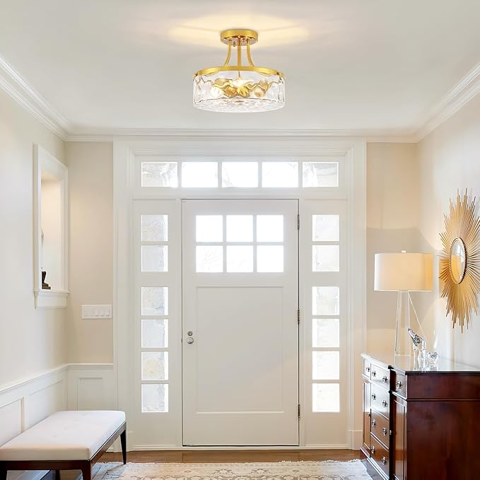 11.81" Modern Gold Semi Flush Mount Ceiling Light Hammered Glass Hallway Light Fixtures Entryway Light Fixture 3-Light Lighting Fixtures for Kitchen Island Dining Room Bedroom Laundry Room Lighting