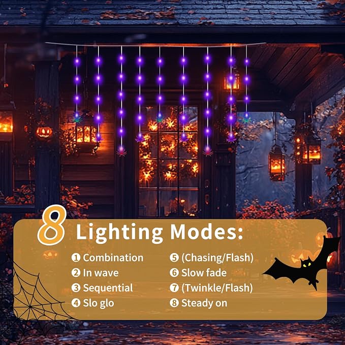 Halloween Spider Curtain String Lights, 7.2Ft Halloween Decorations Indoor Outdoor with 12 Multicolor Spiders and 60 Purple LED Bulbs Fairy Lights for Window Porch Garden Party Décor, USB Operated
