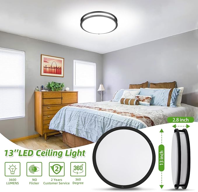 Hlite 36W 13inch LED Flush Mount Ceiling Light Fixture,3600LM Super Bright Light Fixture Ceiling Mount,Oil Rubbed Bronze LED Ceiling Light Flush Mount for Bedroom,Kitchen,Bathroom,Hallway(1Pack)