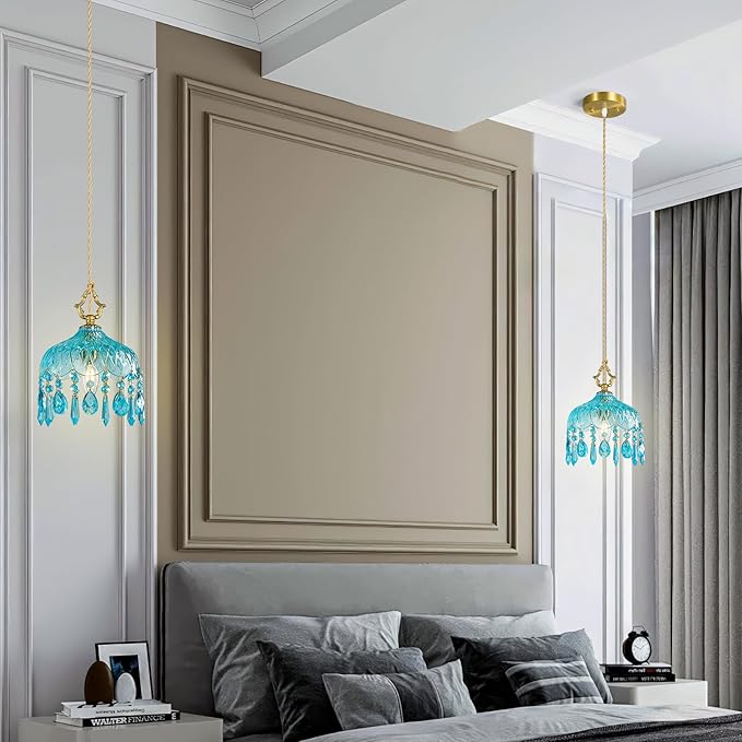 Brass Vintage Pendant Light Blue Crystal Hanging Light Fixtures,Adjustable Height Blue Glass Pendant Lights for Kitchen Island Dining Room Living Room Bedroom Hallway(Blue,1-Pack)