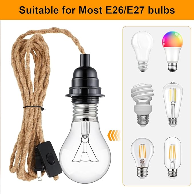 Industrial 15ft Pendant Light Cord - Hanging Light Kit with Switch Plug, Plug-in Pendant Light Cord Rope Pendant Lights Socket Set E26 E27 for Pendant Lamp Farmhouse Lamp Cable DIY Room Decor