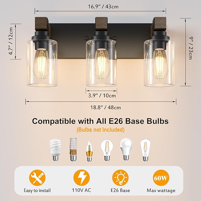 Farmhouse Bathroom Vanity Light Fixtures, Rustic 3-Light Wood Vanity Lights for Bathroom, Vintage Black Wall Sconces Lighting, Light fixtures Over Mirror, with Glass Shade