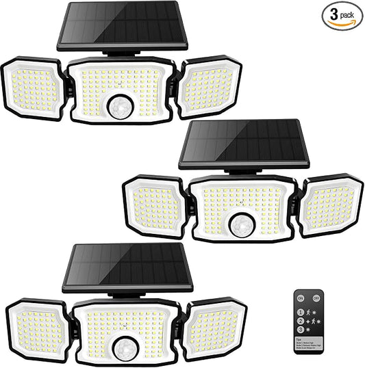 Solar Lights Outdoor Waterproof- 2800LM 200LED Solar Motion Sensor Lights, 3 Heads & 3 Modes Flood Lights, 270° Wide Angle Solar Powered Security Lights for Yard, Garage(3 Pack)
