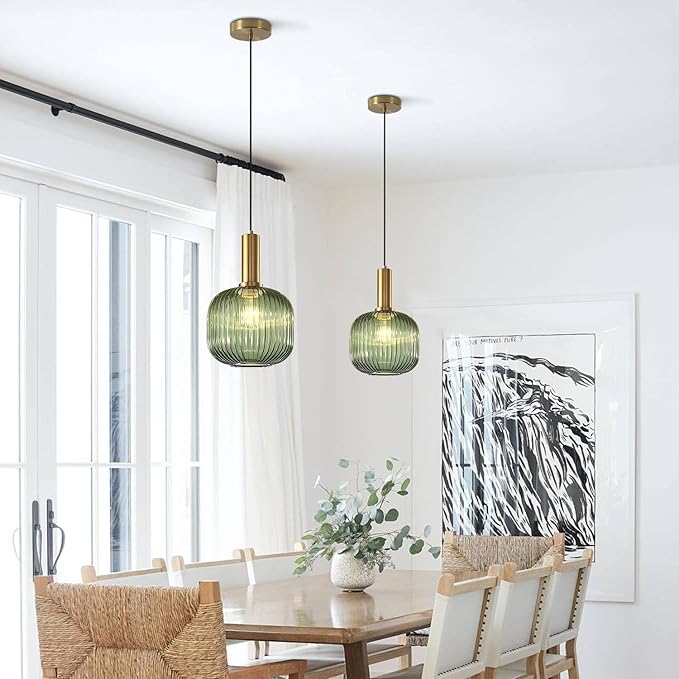 BOKT Mid Century Modern Green Glass Pendant Light Large Gold Globe Kitchen Island Pendant Light Fixture Minimalist Anti Brushed Brass Round Ceiling Hanging Pendant Lamp (7.9" Green)