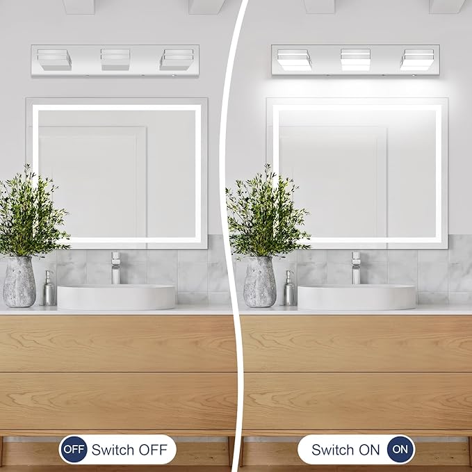 Bathroom Vanity Lighting Fixtures Over Mirror (3-Light, 24-Inch) Dimmable Modern LED Bathroom Wall Lighting Fixtures, Chrome (3000K/3500K/4000K/5000K/6000K)
