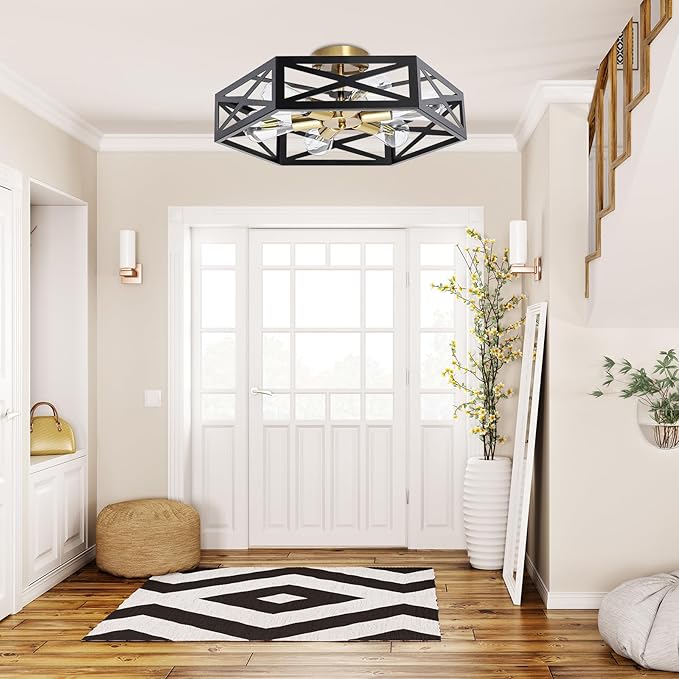 6-Light Semi Flush Mount Ceiling Light, Large Black and Gold Fixtures Ceiling Mount with Hexagon Cage, Metal Industrial Close to Ceiling Light for Hallway, Kitchen, Bedroom (19.68''L)
