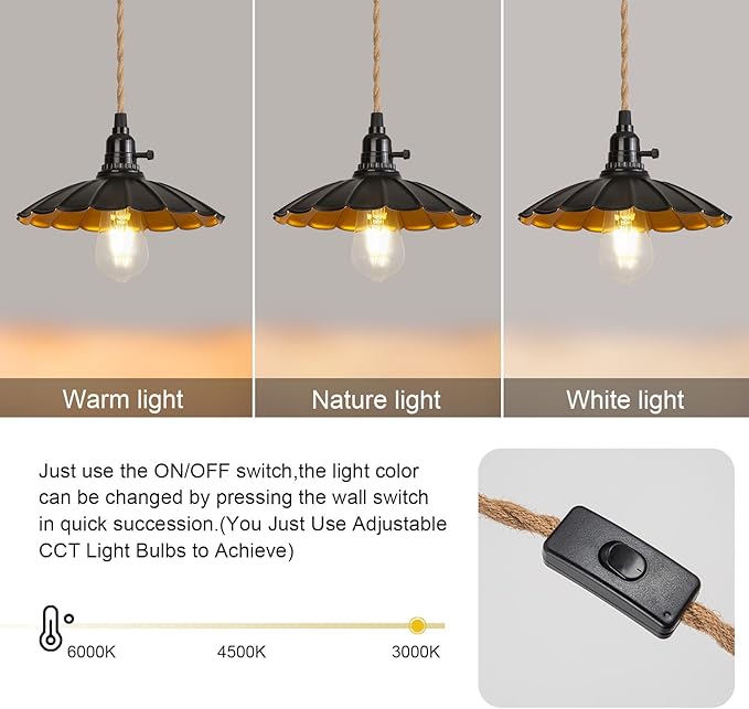 3-Light Plug in Pendant Light Fixtures Chandelier with Switch 22FT Industrial Ceiling Hanging Lamp Cord Farmhouse Cable DIY Including DIY Lotus lampshade