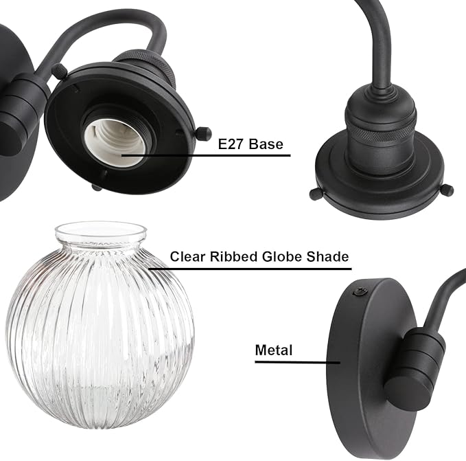 Yosoan 1-Light Brass Modern Vintage Indoor Wall Sconce, Vanity Single Luxury Hardwired Retro Textured Striped Globe Round Clear Glass Shade with Industrial Curved Rod Bathroom Lamp(Black)