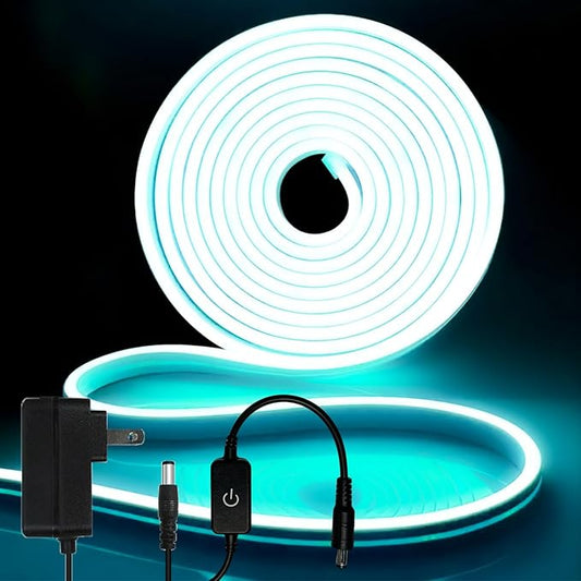 iNextStation 12V Ice Blue LED Strip Lights 16.4FT, Flexible Silicone Neon Rope Light with Power Adapter, Waterproof, Cuttable, Dimmable & Linkable, LED Lights Strip for Bedroom, Kitchen(with Plug)