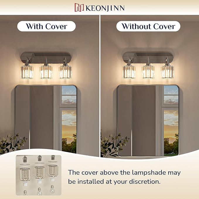 Keonjinn 3-Light Chrome Bathroom Light Fixtures, Crystal Bathroom Vanity Lights Over Mirror, Chrome Vanity Lighting Fixtures with Crystal Square Shades (E26 Base, Exclude Bulb)