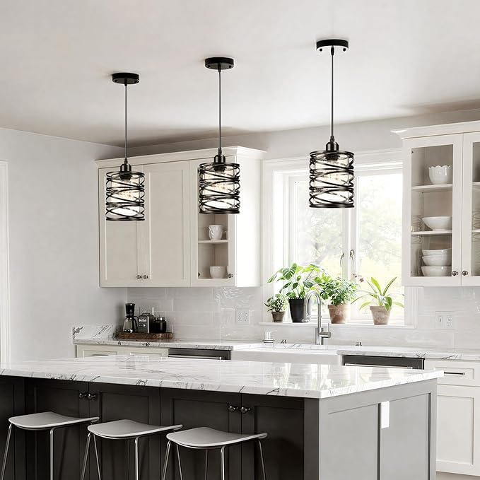 Pendant Lights 3 Pack Kitchen Lights with Bubble Seeded Glass Island Lights Black Hanging Light for Kitchen, Dining Room, Bathroom, Entryway, Restaurant