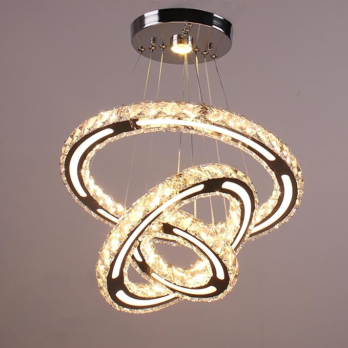 CXGLEAMING Modern Crystal Chandeliers DIY 3 Rings Dimmable Ceiling Light Fixture LED Pendant Lamp for Kitchen Dining Room Living Room Bedroom 180mm Base 153 Crystals (Dimmable)