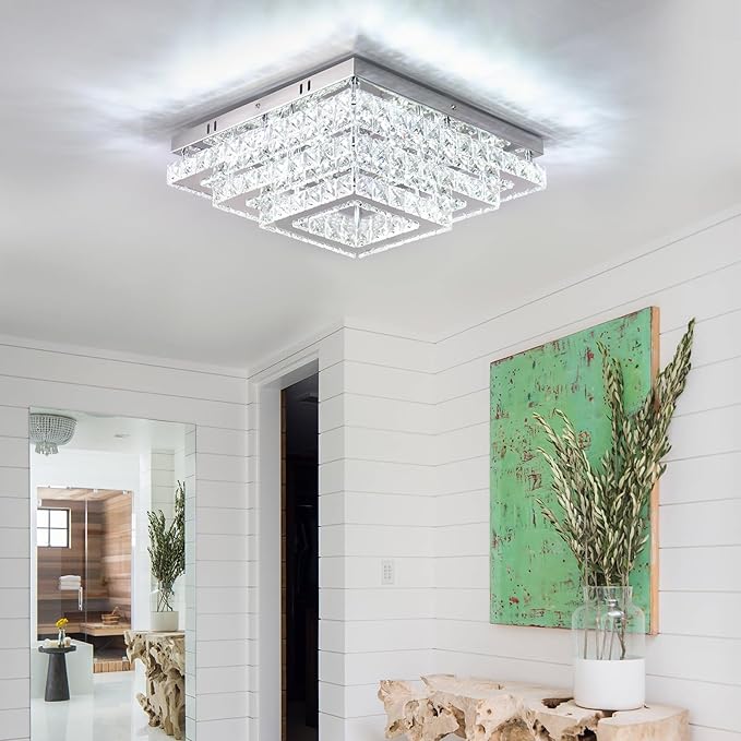Dimmable Square Crystal Flush Mount Ceiling Light, 15" 3-Tier Crystal Chandelier Ceiling Light, Remote Included, 3000–6500K CCT, K9 Crystal & Stainless Steel for Living Room Dining Room Bedroom