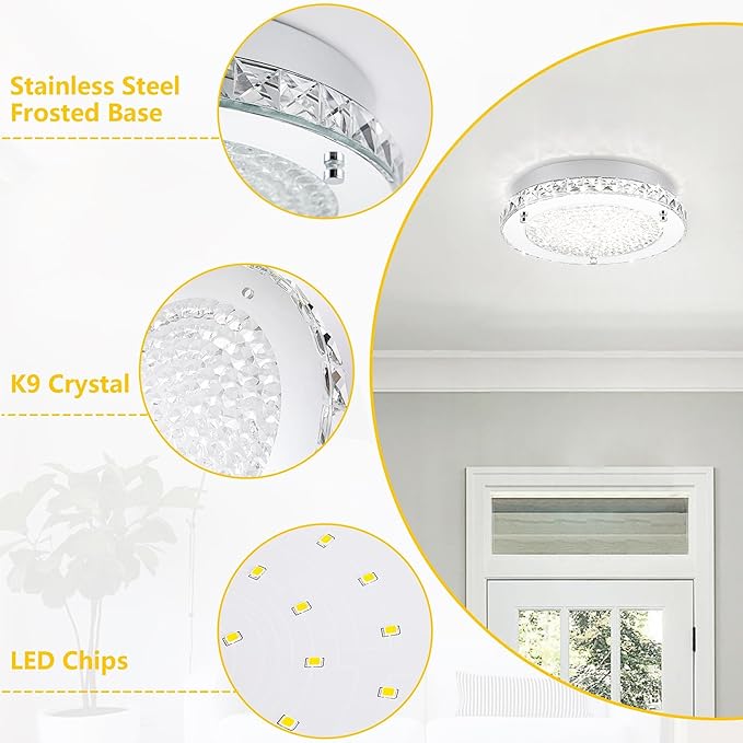 Crystal Ceiling Light Fixture 13 Inch Flush Mount Ceiling Light LED 4000K Dimmable Modern Ceiling Lamp for Bedroom Bathroom Kitchen Island