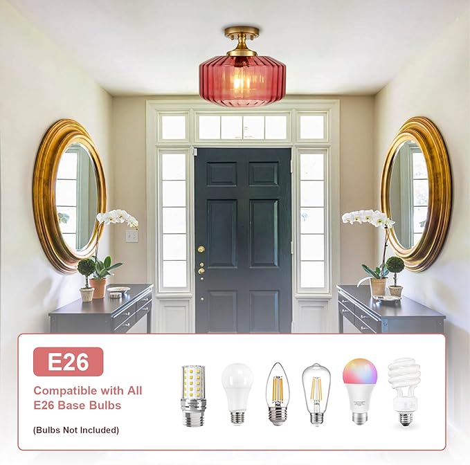 Gold Mid Century Modern Flush Mount Ceiling Light, 2-Pack Purple Ribbed Glass Close to Ceiling Lighting Fixture, Vintage Farmhouse Flush Mount Lamp for Bedroom Hallway Kitchen Laundry Room