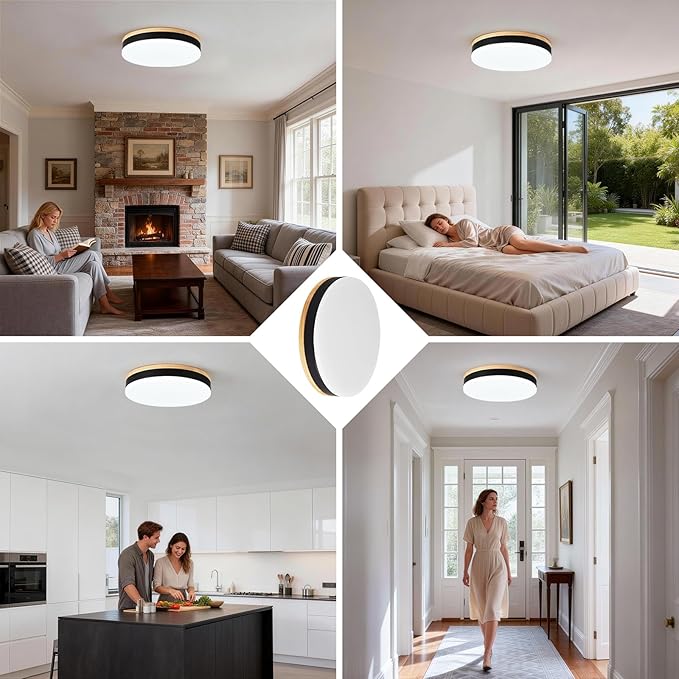 Dimmable Wood LED Flush Mount Ceiling Light with Remote, 24W 3CCT 3000K-6500K Adjustable Close to Ceiling Light Fixture, 11.8inch Black Round Ceiling Lamp for Kitchen, Bedroom, Living Room