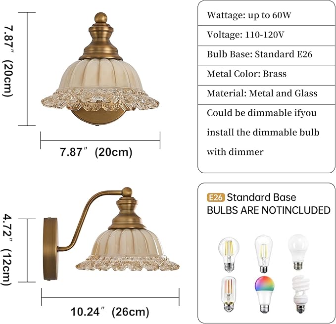 XIEDUN Vanity Light Brass Wall Sconces Vintage 1-Light Bathroom Sconces