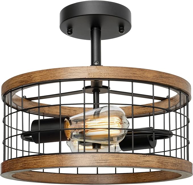 2-Light Farmhouse Semi Flush Mount Ceiling Light Fixture, Rustic Drum Wood Ceiling Lamp for Hallway Kitchen Entryway Foyer Bedroom Laundry Room, Nature Wood Texture and Black Metal Fence Finish
