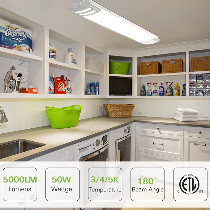 hykolity 4FT 3CCT LED Linear Flush Mount Lights 50W, 5000lm, 3000K/4000K/5000K Selectable, 4FT LED Puff Lights Flush Mount for Kitchen, Utility Room, Laundry, Fluorescent Replacement, 120-277V, ETL
