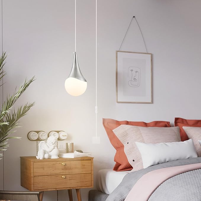 MWZ Brushed Nickel Plug in Pendant Light,Hanging Lights with On/Off Switch Cord,Mini Silver Pendant Lights for Kitchen Island,1-Light Modern Raindrop Chandelier Lamps with White Globe Glass Shade