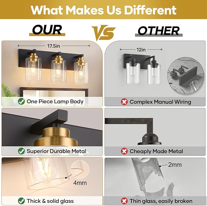 Fivesun Bathroom Vanity Light Fixture, 3-Light Black and Gold Bathroom Light Fixtures Over Mirror with Clear Glass Shades, Modern Vanity Lights for Bathroom Living Room Hallway (Bulbs Not Included)
