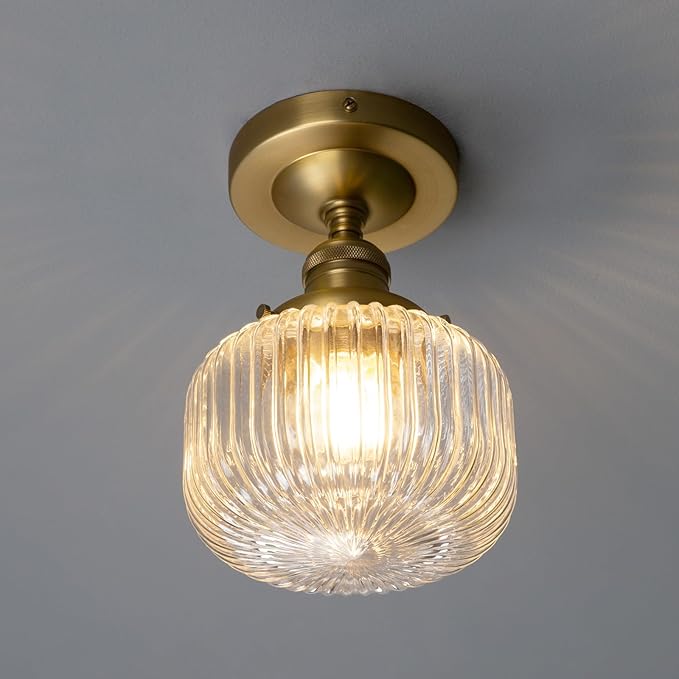 PERMO Small Semi-Flush Mount Ceiling Light Flat Ribbed Glass Shade, Antique Gold Finish, Modern Hallway Lighting Fixture