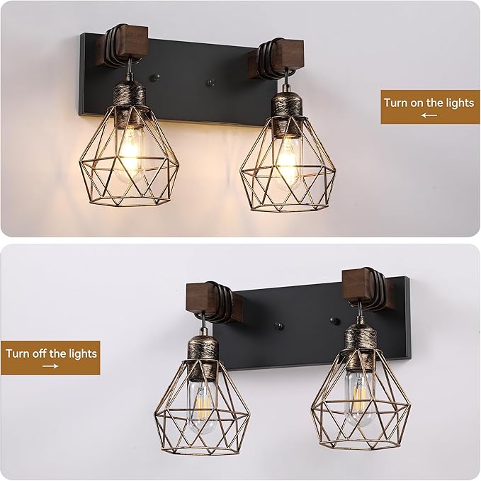 Farmhouse Vanity Light for Bathroom, 2-Light Black Gold Wood Bathroom Vanity Light Fixtures Over Mirror, Rustic Sconces Wall Lighting with Metal Lampshade for Living Room, Bedroom, Hallway