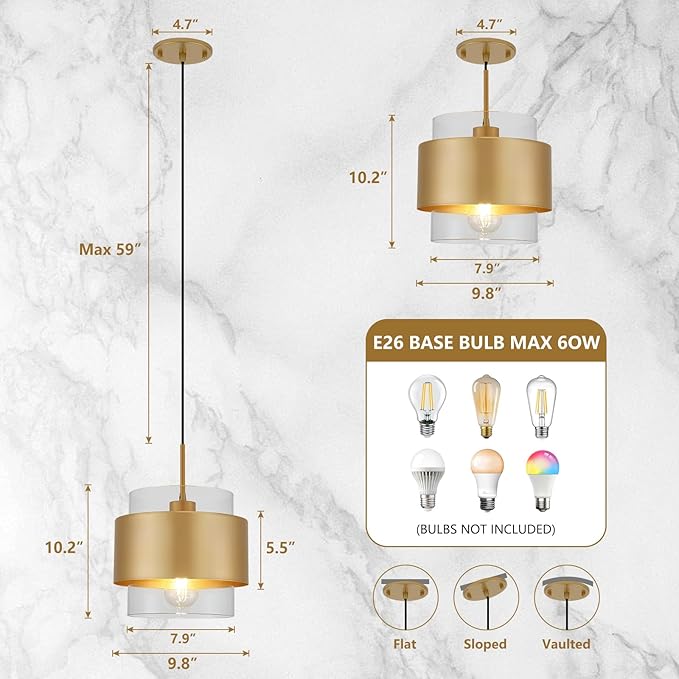 9.8" Gold Pendant Lights Kitchen Island, Farmhouse Pendant Lighting with Clear Glass Shade, Industrial Hanging Pendant Lights Fixture for Kitchen Island Dining Room Hallway