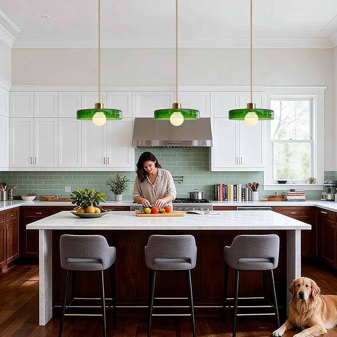 Pendant Lights Kitchen Island: Mid-Century Modern Hanging Light Fixture - Glass Pendant Lamp for Entryway Dining Room Over Table Bedside (Green, 35cm/13.78inch)