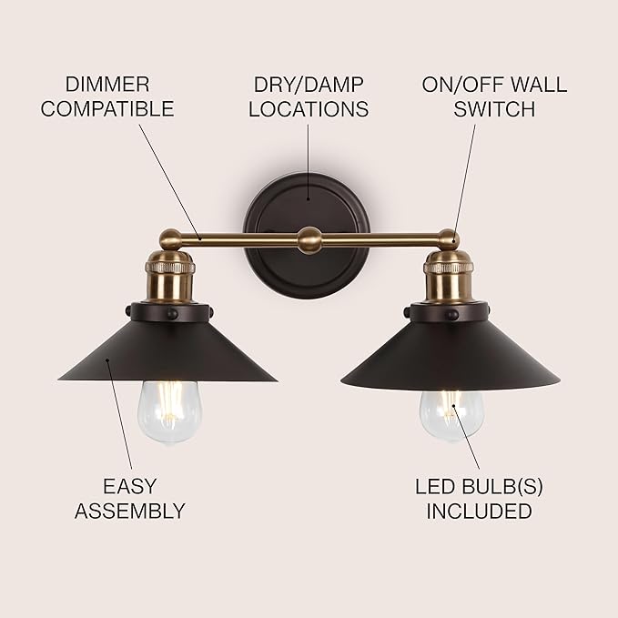 JONATHAN Y 17.5" Oil Rubbed Bronze/Brass Gold 2-Light Industrial Farmhouse Metal Vanity Light Wall Sconce, Metal Shade for Bathroom Mirror, Kitchen, Entryway, LED Bulb Included (JYL7427C)