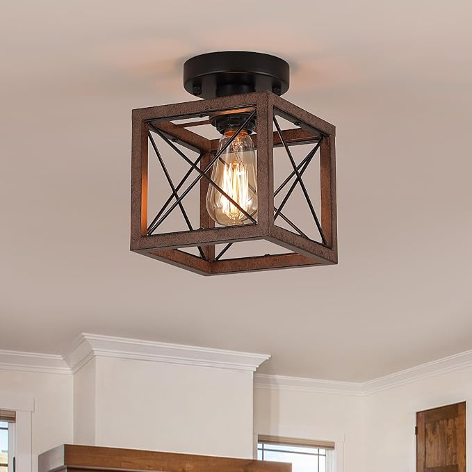 Rustic Farmhouse Metal Flush Mount Ceiling Light Fixture Antique Oak Hexagon Cage Small Semi Flush Mount Ceiling Light for Kitchen Hallway Entry Bedroom Country Farmhouse, Black